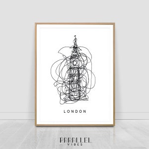 Könnte beinhalten: Eine Schwarzweiß-Zeichnung von Big Ben, dem berühmten Uhrturm in London, England. Die Zeichnung ist stilisiert und abstrakt, wobei die Linien ein wirbelndes Muster bilden. Das Wort "LONDON" ist unter der Zeichnung gedruckt.