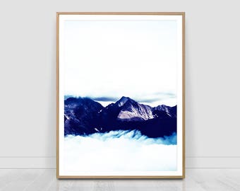 Mountain pics above the clouds ,watercolour style, Mountain Print, Printable Art, Nordic art, scandinavian print, Mountain Range