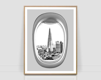 London seen from airplane window, famous place poster, city print, set of prints, architecture, Europe, Travel, b&w, shard, city, ,