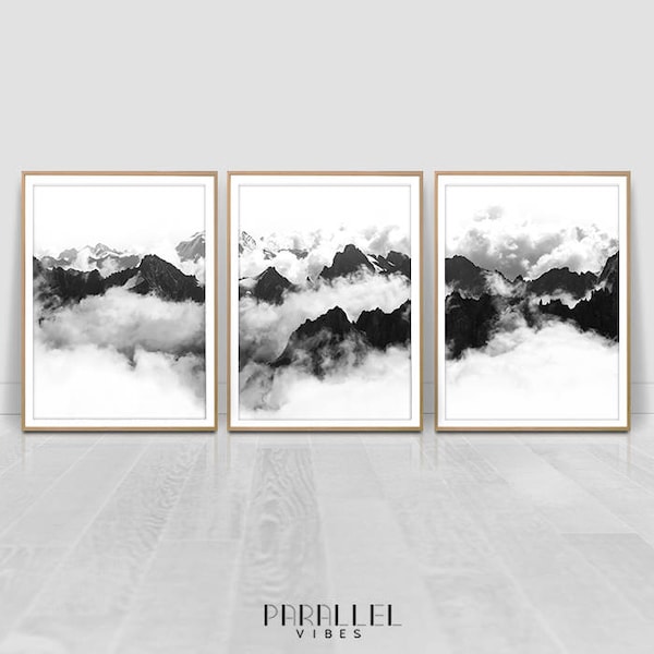 Mountain peaks between the clouds, Mountain Wall Art, black and white Landscape Poster,Printable Art, Set of 3 Prints, Print Set,