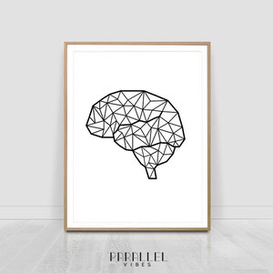 May include: A black and white geometric illustration of a brain, printed on a white background and framed in a light wood frame.