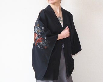 Japanese vintage Kimono, black silk Haori jacket, embroidered auspicious pattern, minimalist jacket, gift for him, gift for her