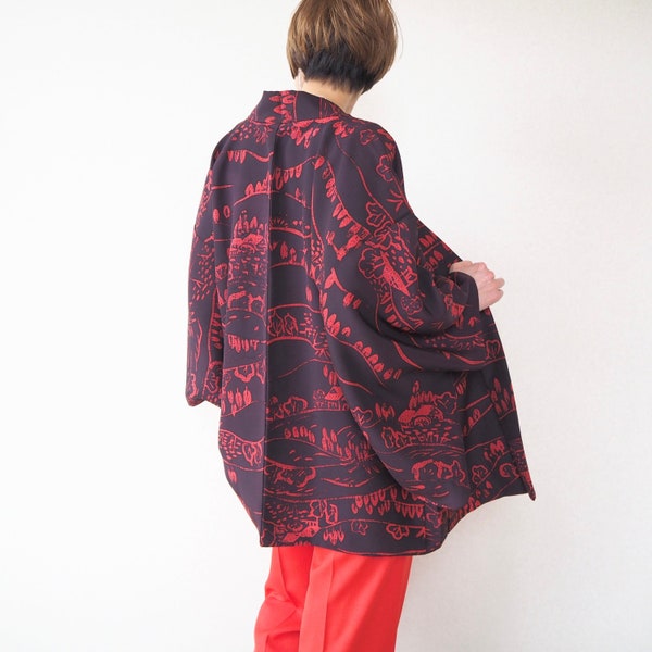 Japanese vintage Kimono Haori men, silk Haori jacket, Japanese kimono jacket unisex, off shoulder jacket unisex, aubergine+red color