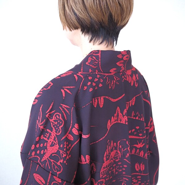 Japanese vintage Kimono Haori men, silk Haori jacket, Japanese kimono jacket unisex, off shoulder jacket unisex, aubergine+red color