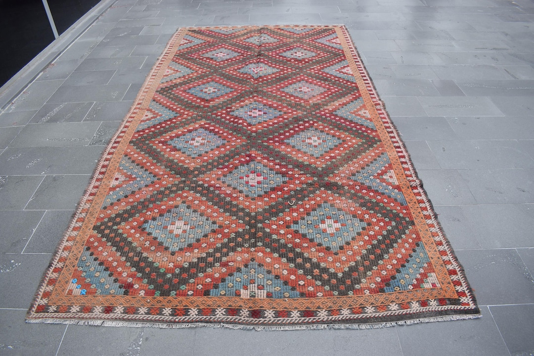 愛用 Tribal Kilim Rug, Vintage Handmade Area Kilim Rug, Striped ラグ・カーペット