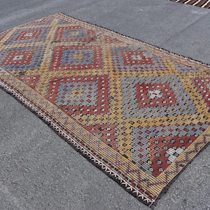Groot kilimtapijt, gestreept kilimtapijt, tapijt in de woonkamer, vloerkleed, Turks vintage handgemaakt kilimtapijt, bohotapijt, vloerkleed, 5,7 x 10,6 ft, ML1371