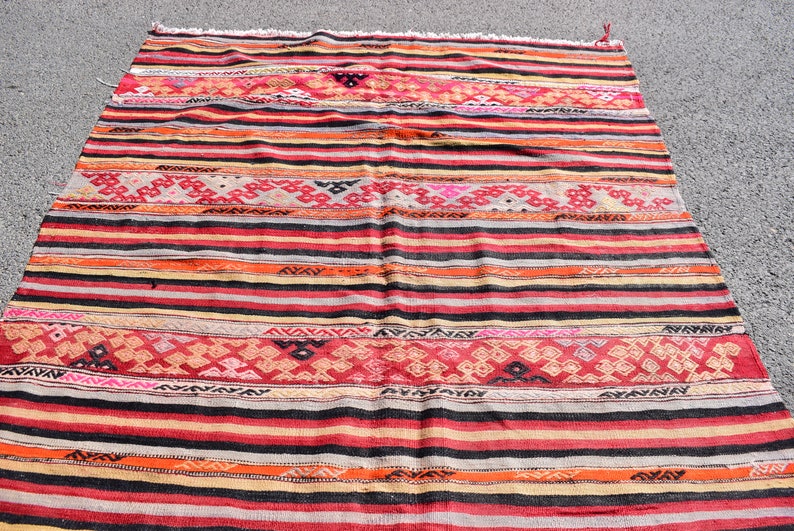 Turkish Large Rug Vintage Striped Kilim Rug Diningroom Rug Etsy