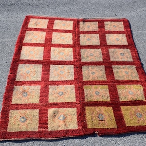Turkish red tulu rug, Vintage geometric pattern rug, Handmade kilim rug, Kitchen decor, Bedroom rug, Anatolian rug, 3.7 ft x 5 ft ML0114