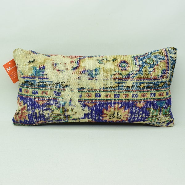 Handwoven natural wool pillow cover, Turkish rug pillow, Lumbar pillow, Decorative rug pillow, 12x24 Throw pillow, Sofa pillow, 4989