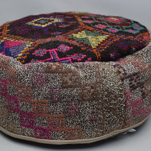 Housse de pouf kilim turc, pouf rond ottoman, pouf kilim, pouf oreiller kilim tissé à la main, oreiller ethnique, pouf de décoration intérieure, pouf de jardin, 392