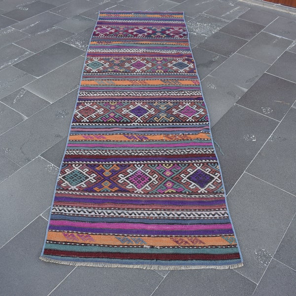 Aztec decor, Turkish kilim runner, Handknotted kilim rug, Striped kilim rug, Entryway rug, Bohemian decor, Boho decor, 2.7 x 8.6 ft, ML1004