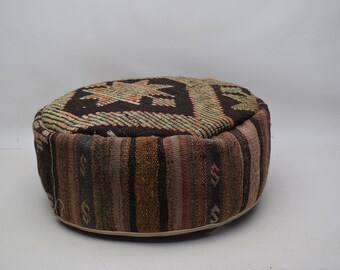 Handmade kilim pouf, Round pillow cover, Moroccan style pouf, Ottoman pillow, Boho decor pouffe, Decorative floor pillow, Beanbag, code 380