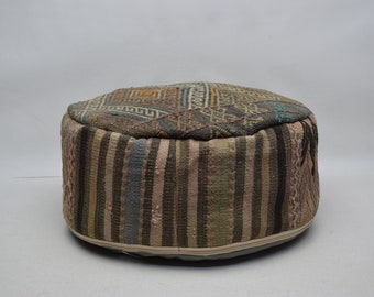 Handgemachter Kelim Pouf, Runder Kissenbezug, Pouf im marokkanischen Stil, Ottomanes Kissen, Boho Dekor Pouff, Dekoratives Bodenkissen, Beanbag Code 410