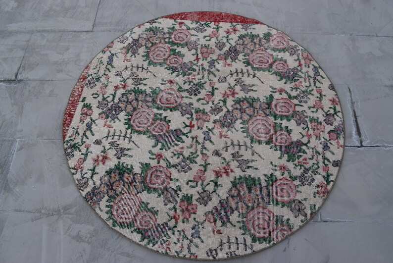 Vintage rug Bohemian decor Turkish rug Small rug Circle rug 3.9 x 3.9 ft Round rug ML1500 Decorative rug Doormat rug Floral rug