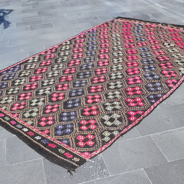 Large kilim rug, Turkish boho kilim rug, Vintage handmade pink and green rug, Check pattern kilim rug, Livingroom rug, 6 x 10.1 ft, ML1098