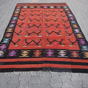 Tribal large kilim rug, Vintage handmade kilim rug, Geometric pattern kilim rug, Red and purple rug, Diningroom rug, 5.6 ft x 9.2 ft ML0273