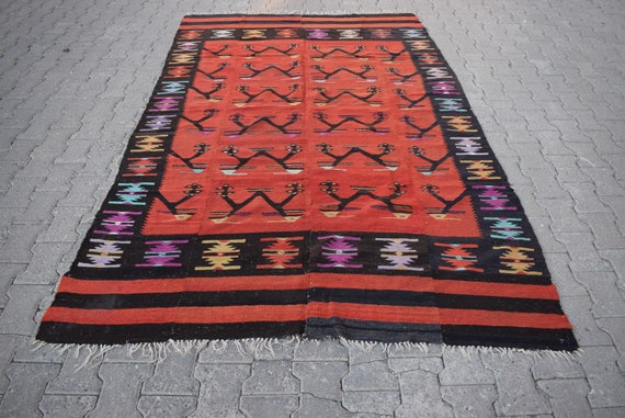 Tribal large kilim rug, Vintage handmade kilim rug, Geometric pattern kilim rug, Red and purple rug, Diningroom rug, 5.6 ft x 9.2 ft ML0273