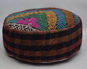 Pouf kilim fait main, grande taie d'oreiller ronde, pouf en laine bio, pouf turc vintage, coussin de sol décoratif, housse de pouf ottoman 398