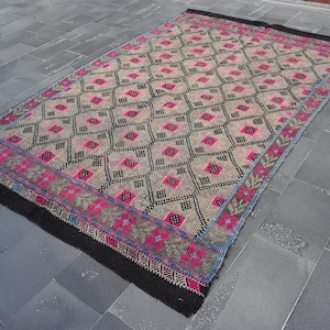 Turkish pink velvet rug, Vintage boho rug, kilim rug, Doormat rug, Wall decor, Decorative rug, Kilim rug,   6.3 x 9.8 ft, ML1480