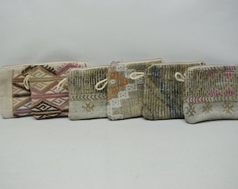 Turkish kilim wallet, 7x9 Authentic purse, Vintage purse, Women wallet, Coin pouch, Handmade purse, Makeup bag, 6 pieces kilim purse, Set 36