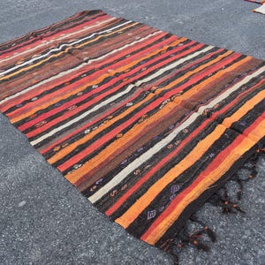 Area rug, Turkish kilim rug, Striped rug, Oushak rug, Vintage kilim rug, Diningroom rug, Orange and red kilim, 6.5 x 10.5 ft, ML0314