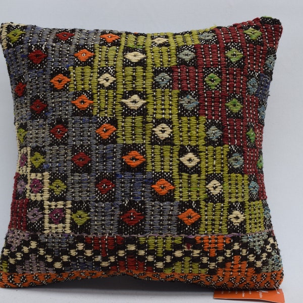 anatolian kilim pillow cover, embroidered kilim pillow, 14x14 bohemian kilim throw pillow, handwoven kilim pillow, cushion cover 1286