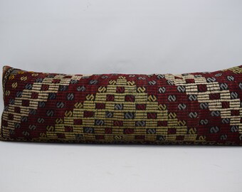 handwoven cecim kilim pillow, kilim pillow, sofa pillow, geometric lumbar kilim pillow, 16x48 natural kilim pillow, cushion cover 543