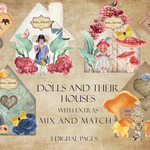 paper dolls and their houses set junk journal scrapbooking digital pages insert printable mix and match shabby vintage grunge look collage