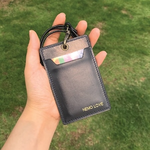 Personalized Handmade ID Cardholder | Blue/Navy Calf | Stylish with Leather Lanyard | Ideal for Office, Teachers, Doctors, Events