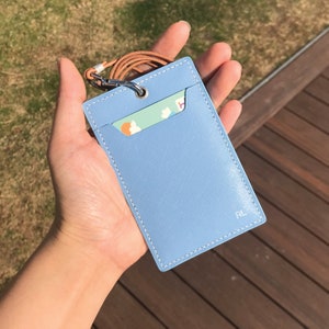 Personalized Handmade ID Cardholder | Light Blue Saffiano | Stylish with Leather Lanyard | Ideal for Office, Teachers, Doctors, Events