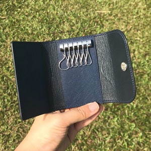 Personalized Handmade Key Holder | Navy Saffiano | Elegant Key Wallet with Premium Amiet Keyplates | Perfect Gift for Relocation