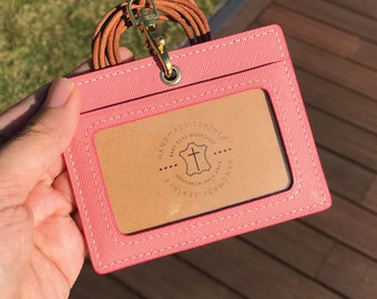 ID Card Holder | Pink Saffiano | Staff Badge | Pass | Lanyard | Embossed | Customized | Personalized Handmade Leather | Made to Order