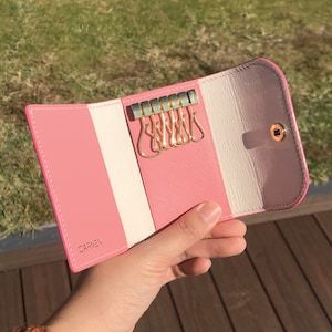 Personalized Handmade Key Holder | Pink Saffiano | Elegant Key Wallet with Premium Amiet Keyplates | Perfect Gift for Relocation