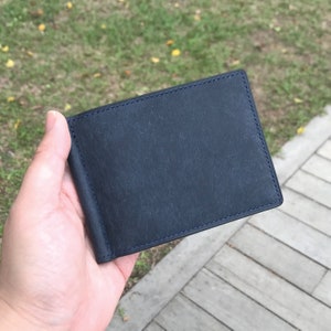 Money Clip Wallet | Dark Blue Pueblo | Bifold Short Thin Slim Minimalist Free Engrave | Hand-stitched Personalized Genuine Leathercraft