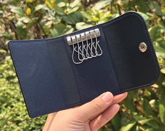 Personalized Handmade Key Holder | Navy Saffiano | Elegant Key Wallet with Premium Keyplates | Perfect Gift for Relocation