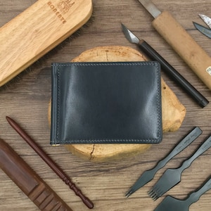 Money Clip Wallet | Blue Calf | Bifold Short Thin Slim Minimalist Free Engrave | Hand-stitched Personalized Genuine Leathercraft