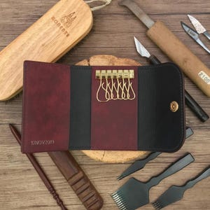 Personalized Handmade Key Holder | Burgundy Red Pueblo | Elegant Key Wallet with Premium Amiet Keyplates | Perfect Gift for Relocation