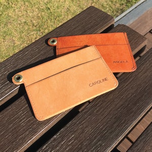 12-Colors Pueblo Leather | Pocket Wallet | Slim Credit Cardholder | Wristlet / Keychain / Tassel / Strap Case | Custom initials Embossing