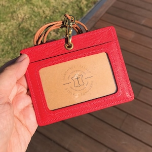 Personalized Handmade ID Cardholder | Red Saffiano | Stylish with Leather Lanyard | Ideal for Office, Teachers, Doctors, Events