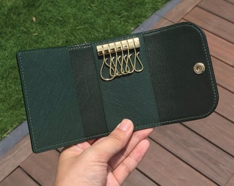 Key Holder | Dark Green Saffiano | Key Case | Pouch | Embossed | Customized | Personalized Handmade Leather | Made to Order