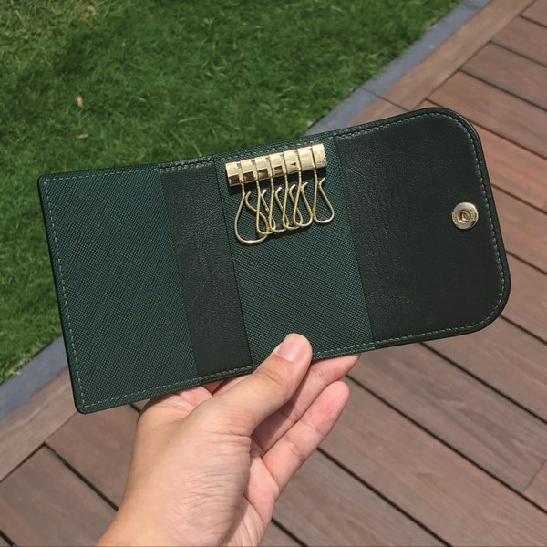 Key Holder | Dark Green Saffiano | Key Case | Pouch | Embossed | Customized | Personalized Handmade Leather | Made to Order