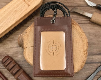 ID Card Holder | Brown Calf | Staff Badge | Pass | Lanyard | Embossed | Customized | Personalized Handmade Leather | Made to Order