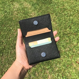 Business Card Case | Black Saffiano | Name Card Holder | Handy Magnetic Snap | Minimalist Wallet | Hand-stitched Genuine Leathercraft