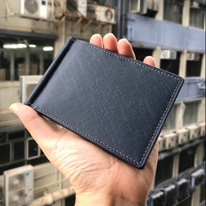 Money Clip Wallet | Navy Saffiano | Bifold Short Thin Slim Minimalist Free Engrave | Hand-stitched Personalized Genuine Leathercraft