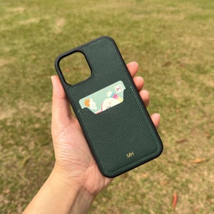 iPhone Case | Dark Green Saffiano | with Cardslot | 16ProMax 16Plus 15 to 7Series | Shockproof | Handmade Leathercraft in Hong Kong