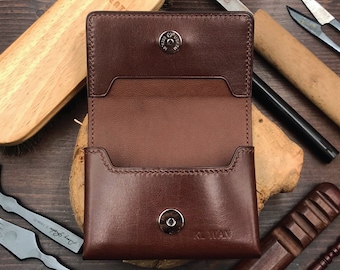 Business Card Case | Brown Calf | Name Card Holder | Handy Magnetic Snap | Minimalist Wallet | Hand-stitched Genuine Leathercraft
