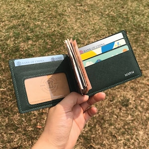 Money Clip Wallet | Dark Green Saffiano | Bifold Short Thin Slim Minimalist Free Engrave | Hand-stitched Personalized Genuine Leathercraft