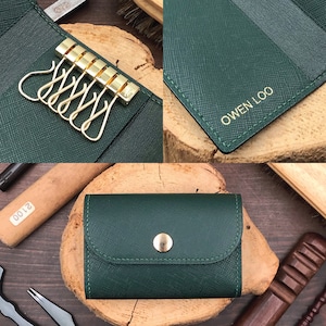 Personalized Handmade Key Holder | Dark Green Saffiano | Elegant Key Wallet with Premium Amiet Keyplates | Perfect Gift for Relocation