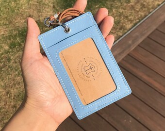 ID Card Holder | Light Blue Saffiano | Staff Badge | Pass | Lanyard | Embossed | Customized | Personalized Handmade Leather | Made to Order