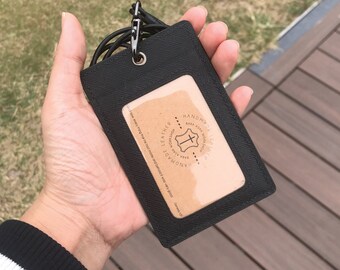 ID Card Holder | Black Saffiano | Staff Badge | Pass | Lanyard | Embossed | Customized | Personalized Handmade Leather | Made to Order
